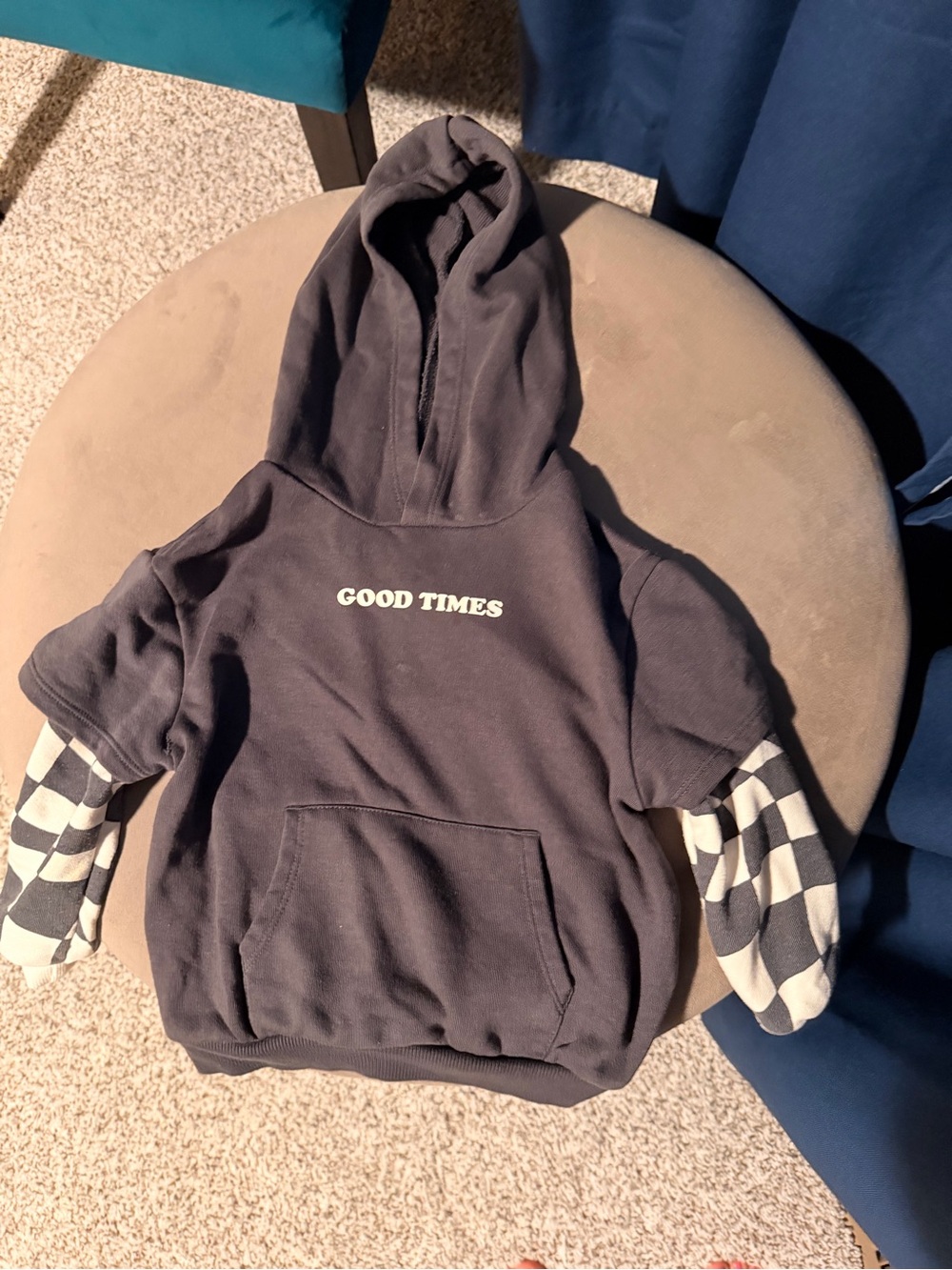 Target Kids Navy 'GOOD TIMES' Hooded Sweatshirt with Checker Sleeve Detail